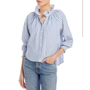 Veronica Beard Jeans Blue White Striped Seersucker Ruffle Top Smocked Cuff M